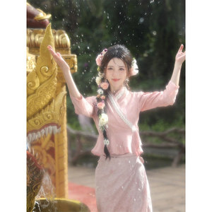 云南西双版纳旅游穿搭傣族服装2024夏季新款粉色上衣半身裙套装女