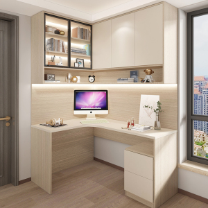 转角书桌书柜书架一体组合家用卧室写字桌学习电脑桌实木定制轻奢