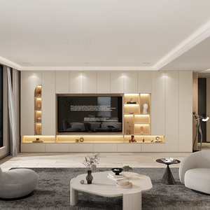 现代简约奶油风电视柜一体组合背景墙客厅轻奢满墙书柜储物柜定制