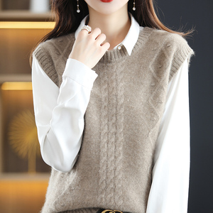 2022春秋新款100%纯羊绒马甲背心女针织圆领无袖坎肩洋气羊毛毛衣