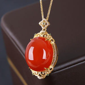 森宝莱 高端18k金镶保山南红冰红大蛋面吊坠女 原矿红色宝石项链