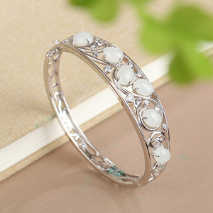 纯银手镯女可调节 银镶玉镯子送妈妈婆婆生日礼物 高级小众设计