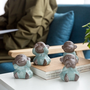 可爱三四不猴子茶宠摆件陶瓷小猴子不说不听不看创意家居装饰品