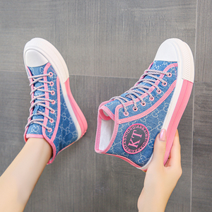 欧洲站粉色帆布鞋女高帮2022年秋季新款透气软底休闲运动板鞋潮鞋