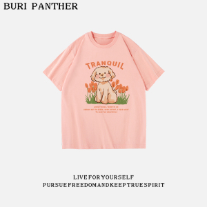 布里豹旗舰店3888buripanther复古郁金香狗狗印花t恤夏季宽松短袖