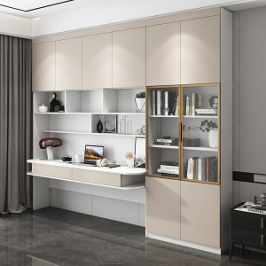 书桌书柜一体组合书架学习电脑桌现代简约写字台办公桌子实木定制