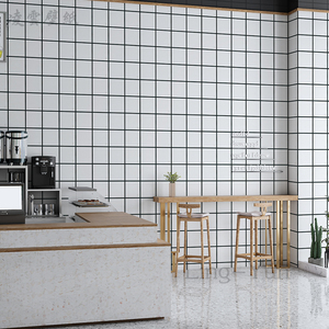 网红ins黑白格子墙纸防水奶茶餐饮店餐厅商用背景墙店铺装修壁纸