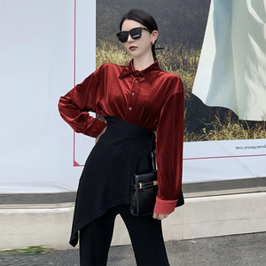 港风套装女复古chic丝绒衬衫秋季新款高腰开叉黑色喇叭裤两件套潮