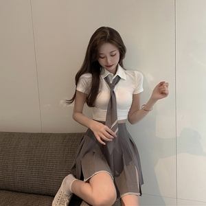 夏季校园学生polo衫上衣女学院风开叉百褶半身裙套装jk制服两件套