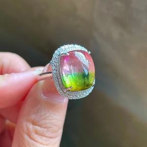 巴西老料戒面料红蓝绿西瓜素面碧玺戒指18k金镶嵌钻石女款