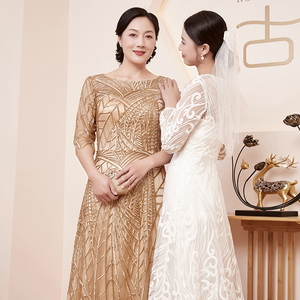 西式长款气质高端喜婆婆婚宴礼服金色优雅嫁女儿妈妈装宴会走秀装