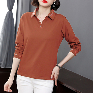 翻领纯棉长袖t恤女春秋新款绣花时尚百搭纯色妈妈大码polo衫上衣