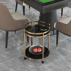 棋牌室专用麻将机茶几茶水架岩板麻将桌边的小茶几不锈钢玻璃边几