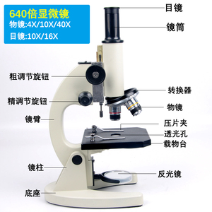 XSP-02 初中生物显微镜 640X 640倍 教学仪器 学校实验室器材 目镜 物镜 200倍500倍1000倍显微镜