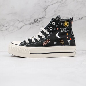 匡威涂鸦1970s刺绣花卉增高厚底星辰大海黑色春秋高帮男女帆布鞋