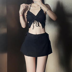 黑色裙式比基尼泳衣女夏韩国ins小胸聚拢性感高腰遮肚度假三件套