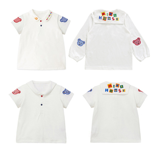 miki妈格子熊翻领短袖衬衣 新款纯棉童装男女宝白色海军领内搭t恤