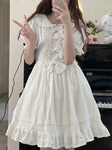 日系可爱甜美白色连衣裙女夏收腰显瘦小个子初恋少女小白裙设计感