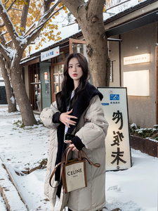 韩系中长款连帽棉服女冬季2023新款宽松加厚棉衣外套设计感面包服