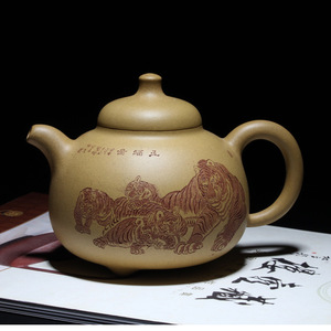 宜兴紫砂壶正品名家张小岭张陶岭手工乳鼎壶五虎图550cc