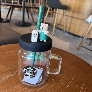 星巴克薄荷绿切面款大容量玻璃吸管杯小熊梅森咖啡桌面杯礼物包邮