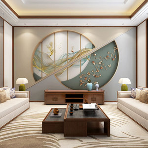 电视背景墙壁纸装饰几何金属图案3d立体墙布花鸟壁画中式抽象墙纸