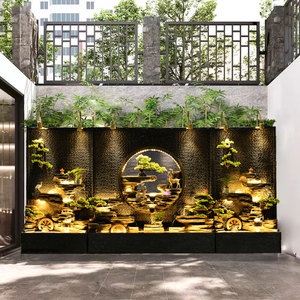 流水墙水幕墙别墅庭院玄关隔断屏风酒店办公室装饰假山鱼池摆件