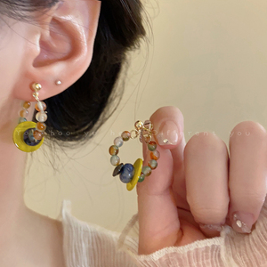 新中式天然石彩色串珠耳环女复古独特设计耳钉2024年新款春夏耳饰