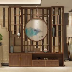 定制新中式玄关入户进门大厅隔断墙电视柜遮挡客厅屏风柜鞋柜一体