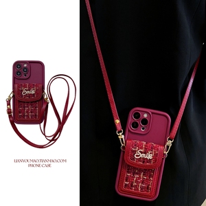 新年酒红色小香风零钱卡包适用iPhone15promax手机壳苹果14可背带13斜挎12挂绳11毛绒xsmax/xr高级7小众8plus