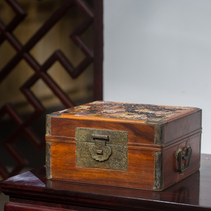 清代黄花梨百宝嵌松鹿图文房盒老物件古玩古董收藏海南黄花梨盖盒