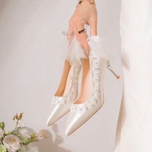白色缎面婚鞋新娘鞋女新款蝴蝶结主婚纱高跟鞋订婚法式礼服伴娘鞋