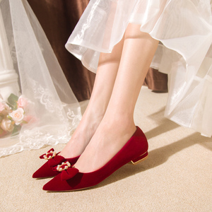 秀禾服婚鞋女冬2021大东新款结婚新娘鞋红色平底孕妇婚纱鞋不累脚