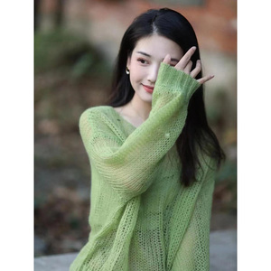 绿色粗针宽松慵懒风针织衫女马海毛套头薄款上衣早春外穿设计独特