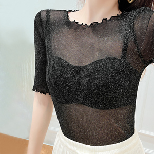 亮丝网纱打底衫女夏透视吊带裙内搭t恤纱衣木耳边中袖蕾丝上衣薄