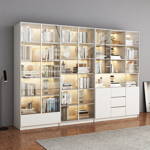 白色书柜带门轻奢玻璃满墙一体组合书架实木收纳储物柜手办展示柜