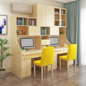 实木双人书桌书柜一体电脑台式桌儿童写字桌学生家用书桌书架组合