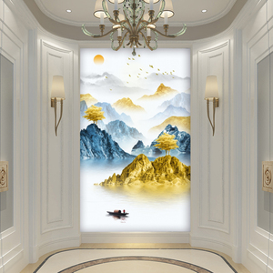现代玄关装饰画入户走廊壁画过道竖版新中式山水画风景画墙纸壁纸
