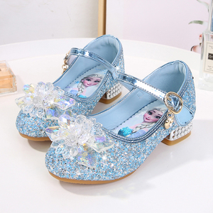 爱莎公主鞋2024春秋新款女童水晶鞋宝宝魔术贴鞋子蓝色儿童高跟鞋
