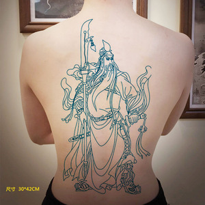 线条关羽满背青龙关二爷男女后背纹身贴割线刺青色防水逼真关公贴