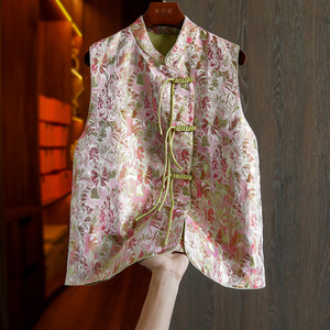 高级感宋锦真丝马甲背心女复古中式盘扣国风织锦缎桑蚕丝上衣外搭