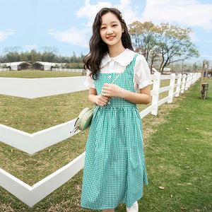 初中生连衣裙女夏中学生夏季格子背带长裙子学院风少女夏天公主裙