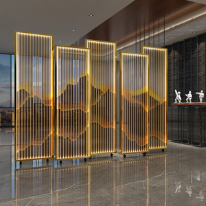 铝合金屏风酒店隔断墙大堂宴会厅遮挡仿栅栏假山轻奢带灯移动座屏