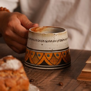秋鱼手工粗陶咖啡杯高档精致手绘陶瓷水杯日式复古大容量马克杯子