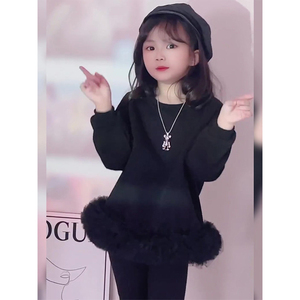 女童春秋装洋气设计感卫衣2023新款女孩时尚韩版甜美黑纱拼接上衣