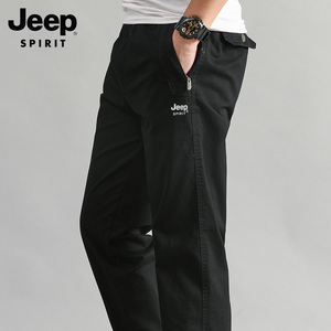 Jeep裤子男夏款纯棉直筒薄款休闲裤阔腿黑色工装裤宽松夏季运动裤