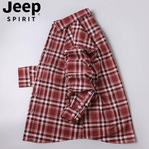 Jeep吉普纯棉格子衬衫男士长袖秋冬季新中式男装蓝色休闲衬衣外套
