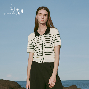 【门店同款】gofar勾划套头针织衫2022夏新款翻领针织衫条纹少女