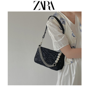 zara小众黑色花朵提花腋下包珍珠链条甜酷辣妹包百搭单肩可斜挎包