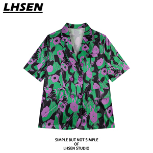 「LHSEN」港风复古印花短袖西装外套女夏薄款宽松休闲高级感西服